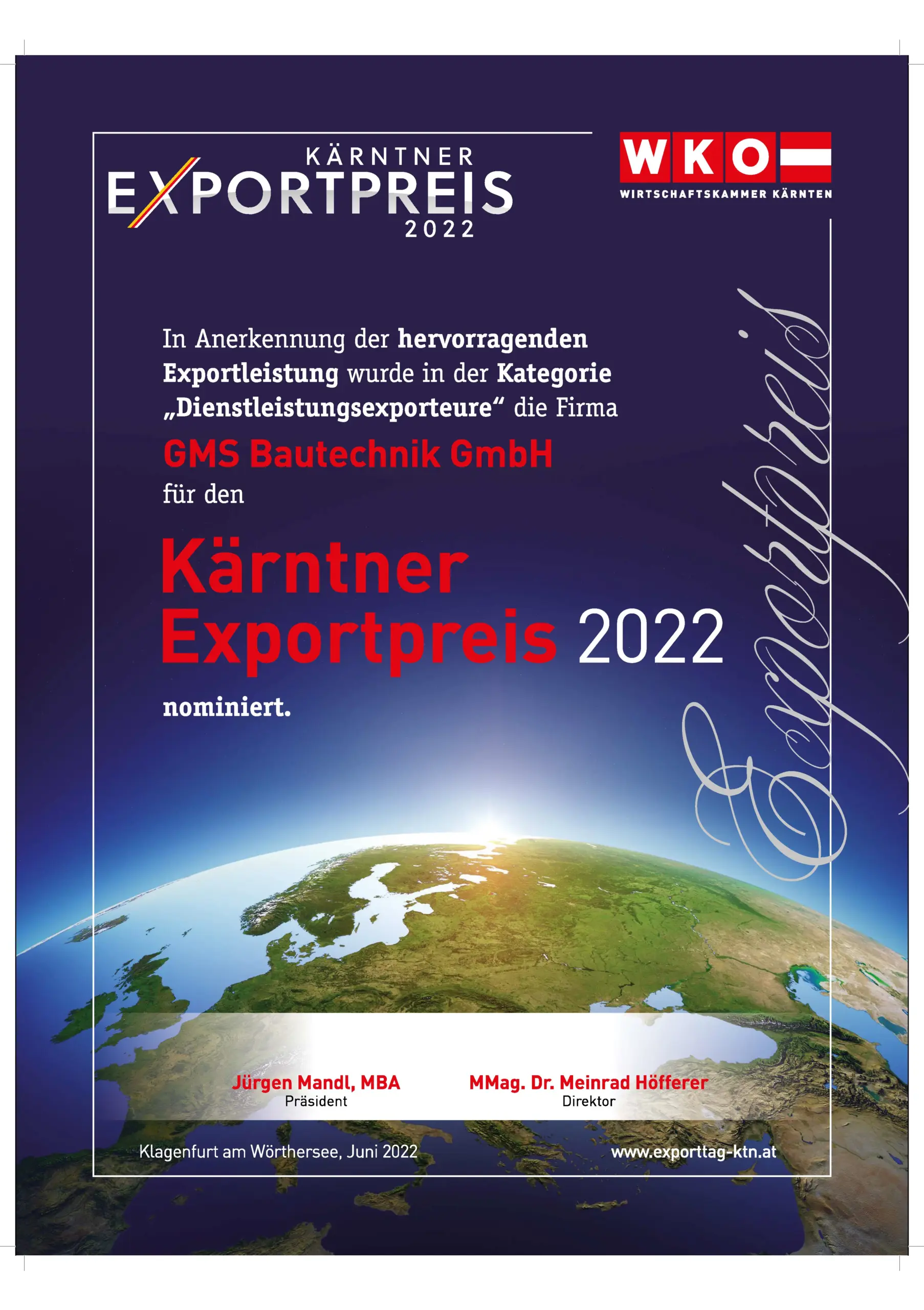 Urkunde zur Nominierung der GMS Bautechnik GmbH für den Kärntner Exportpreis 2022